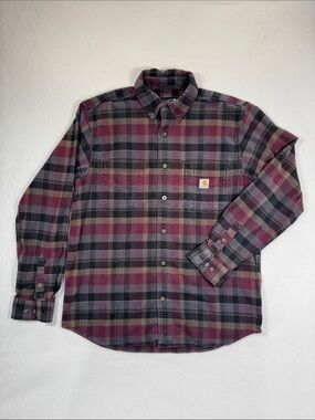 Carhartt Men's Burgundy, Gray and Black Plaid Button-Down Shirt